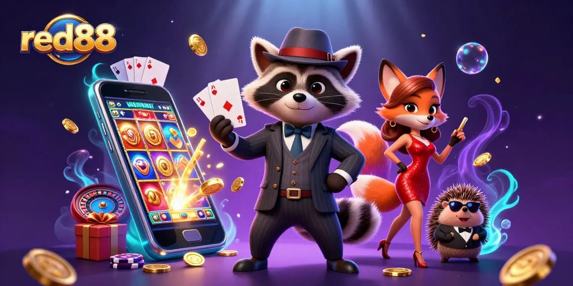 Experience excitement with red88's suave raccoon and charming fox in a dynamic casino scene.