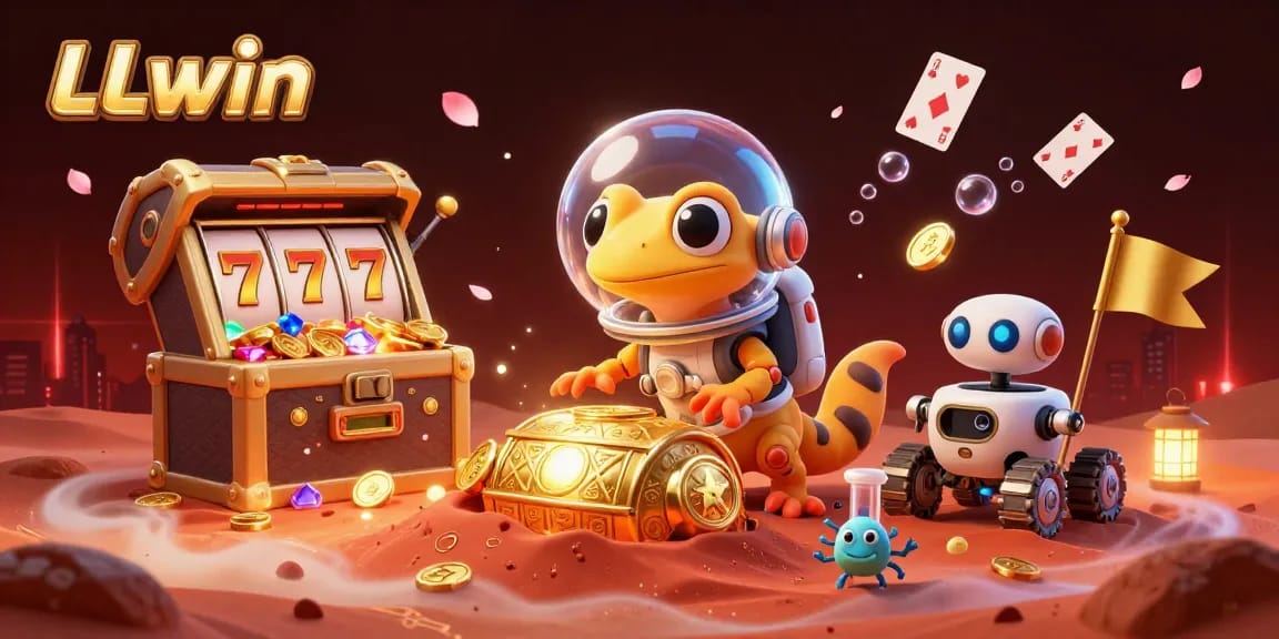 LLwin Martian gecko finding golden casino treasures amongst colorful gems and slot machines.