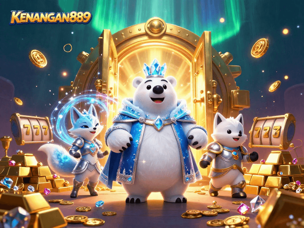 Play slots at KENANGAN889 with an ice polar bear and a fox amidst treasure bursts and jackpot excitement.
