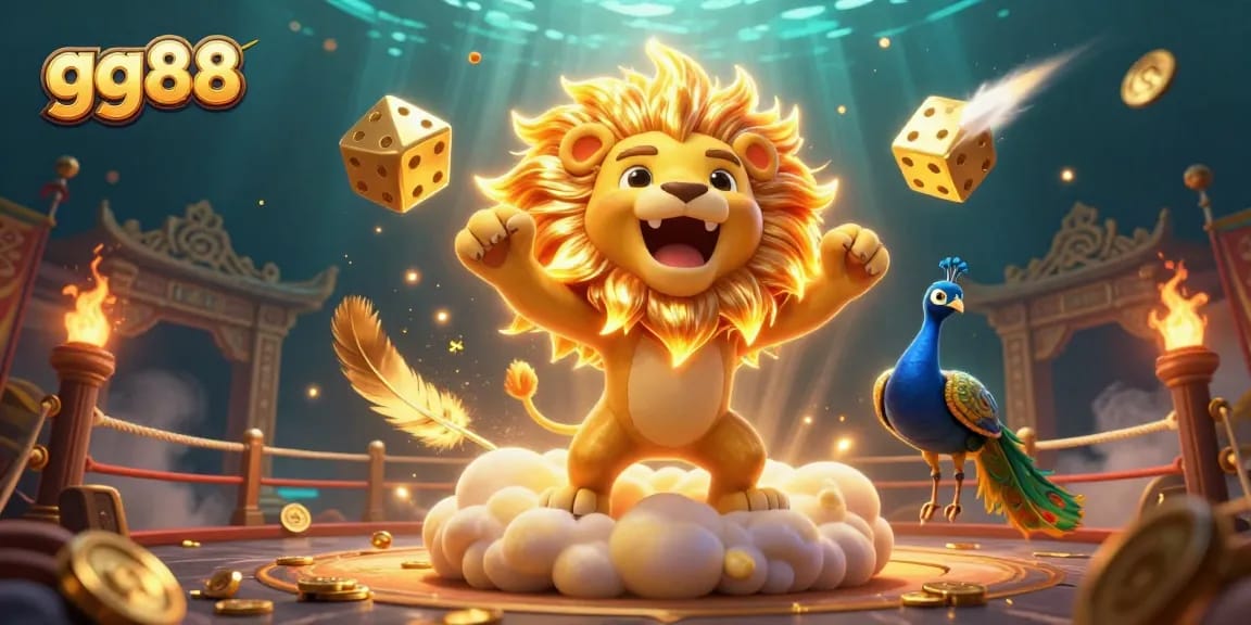 Experience gg88 with a thrilling scene featuring a sun lion, golden dice, and vibrant casino elements.