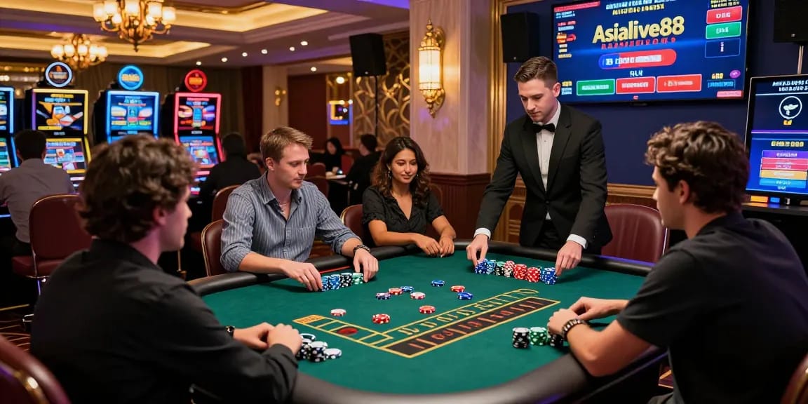 Engaging Asialive88 online casino gaming scene with players enjoying baccarat in a vibrant, luxurious atmosphere.