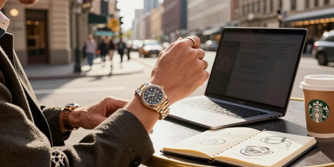 The essence of luxury with Rolex super clone watches, showcased in an urban café setting with stylish accessories.