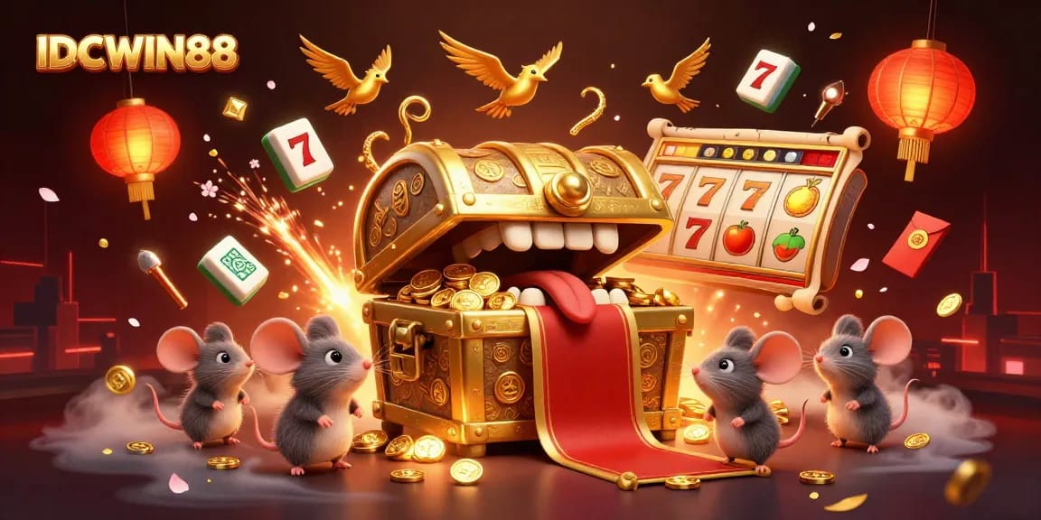 Spin the reels on IDCWIN88 slot games featuring a vibrant treasure chest and golden treasures.