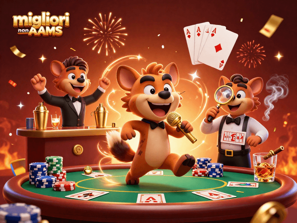 Gioca nei migliori casino non AAMS con una scena vivace di animali stilizzati in un club di casinò.
