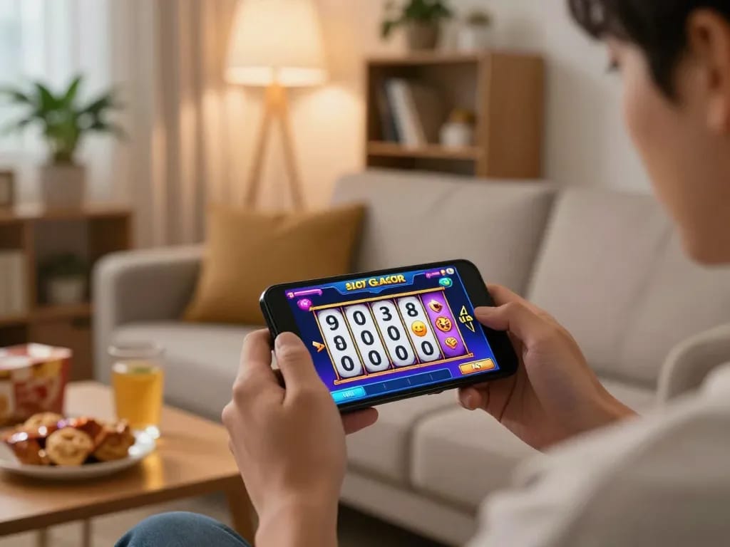 Engaging mobile gaming experience with Slot Gacor game displayed on phone screen in cozy home environment.