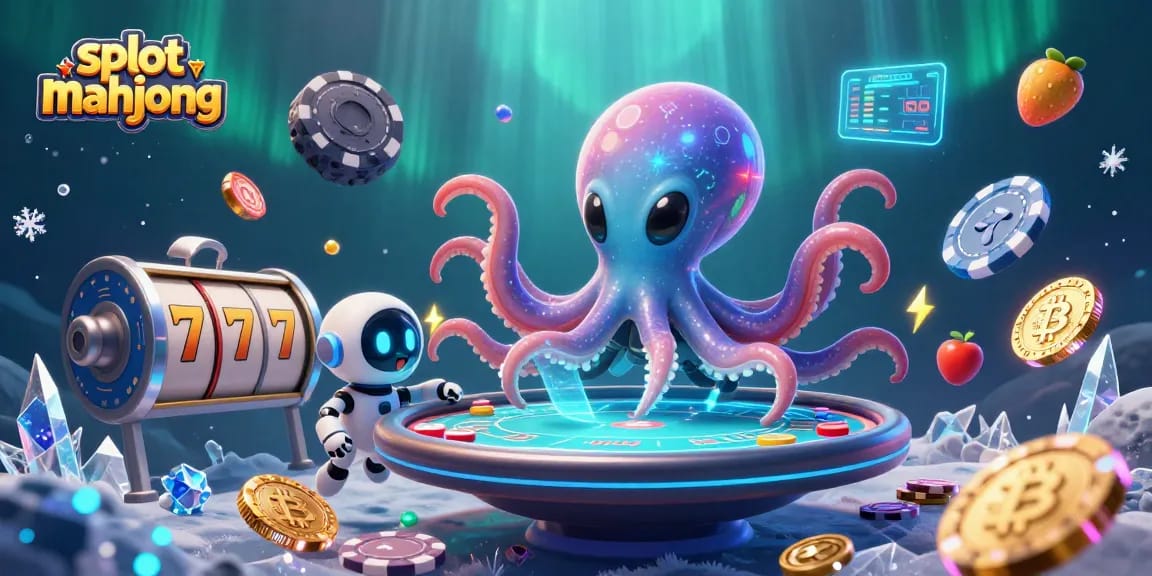 Spin the slot mahjong reels with the whimsical octopus as it operates a holographic poker table surrounded by cosmic elements.
