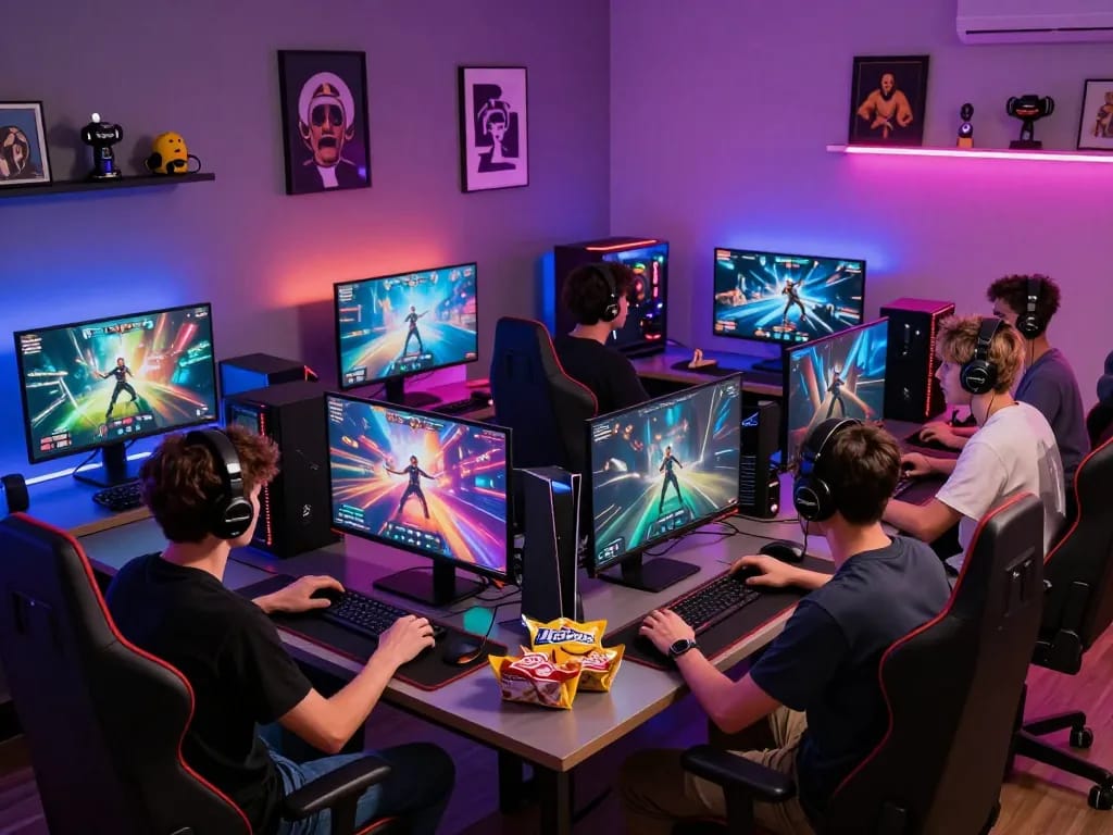 Engaged gamers enjoying www.mantra88.com in a vibrant gaming setup with colorful games and snacks.