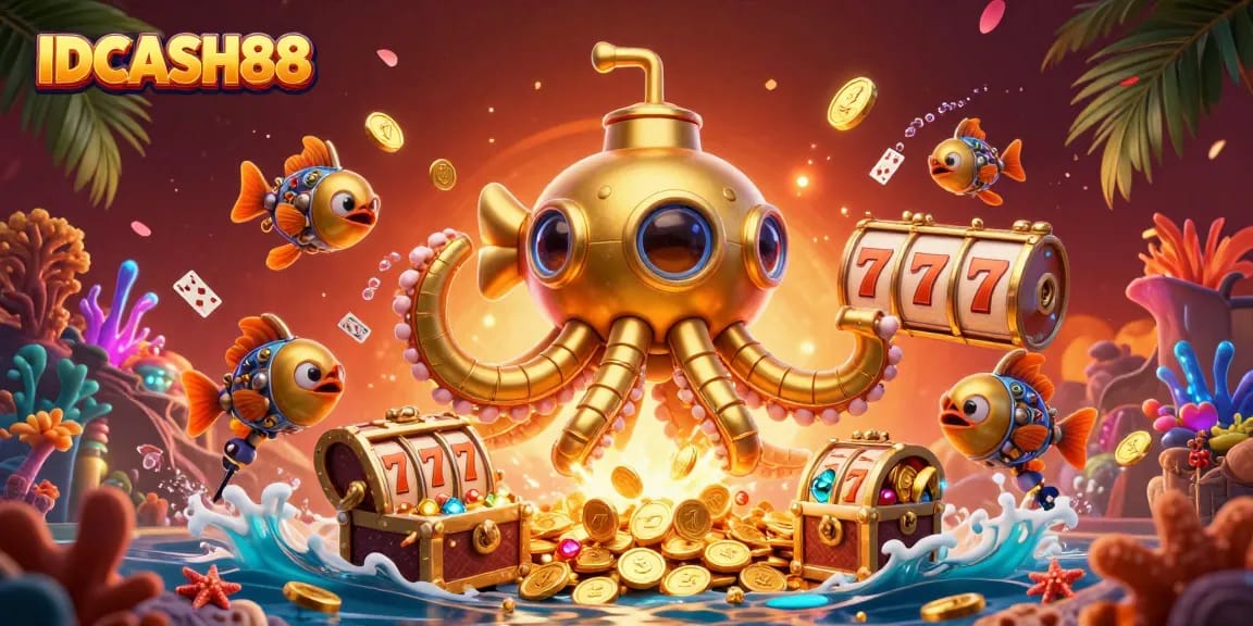 Experience thrilling gameplay at IDCASH88 with rich visual detail including slots, golden krakens, and treasures.