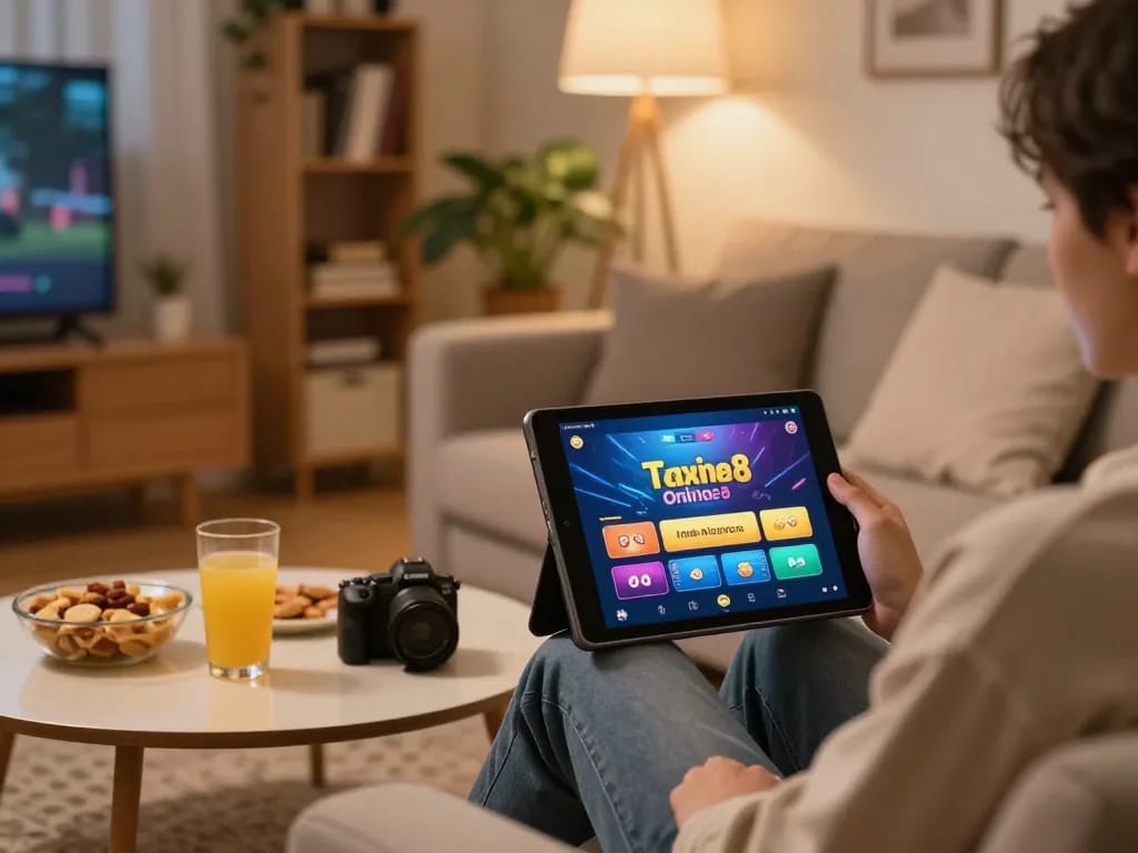 Engaging with the taixiuonline8 app for online gaming in a cozy home atmosphere.
