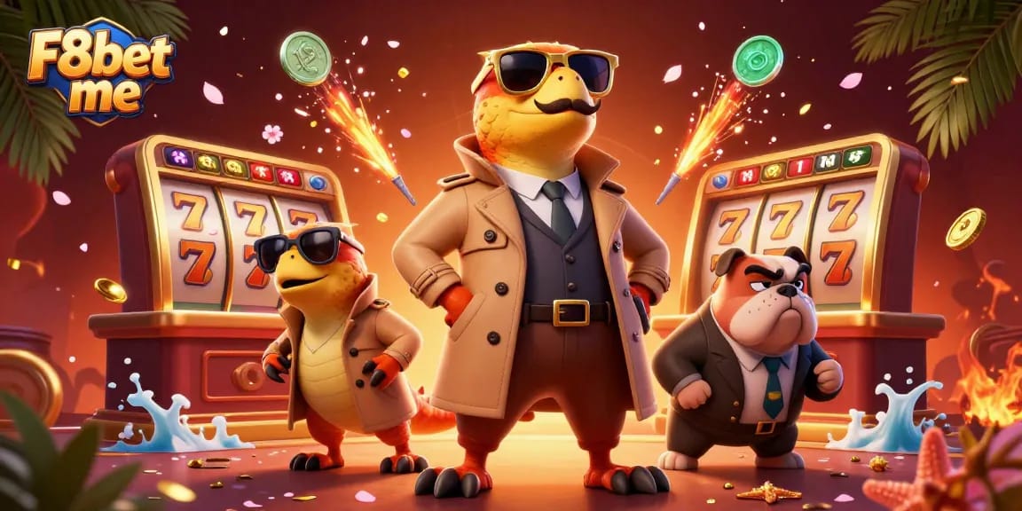 Experience high-stakes fun at F8bet me with animated characters navigating a VIP casino entrance.
