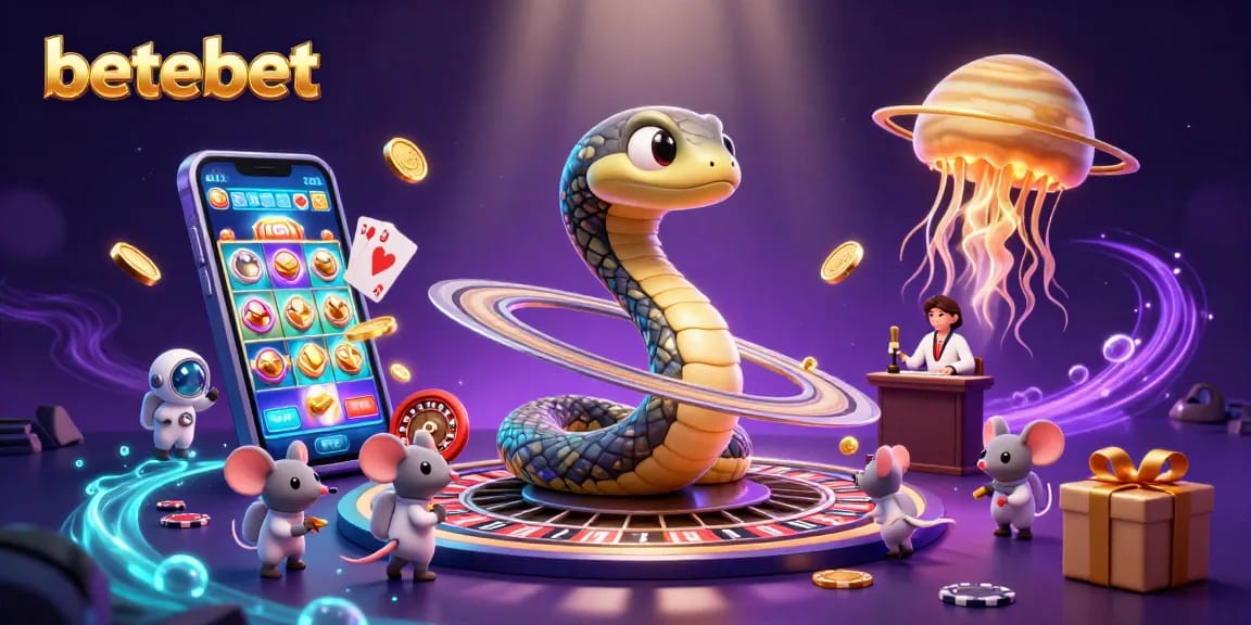 Betebet gaming scene with a Saturn ring snake, astronaut mice, and cosmic jellyfish dealing bets.