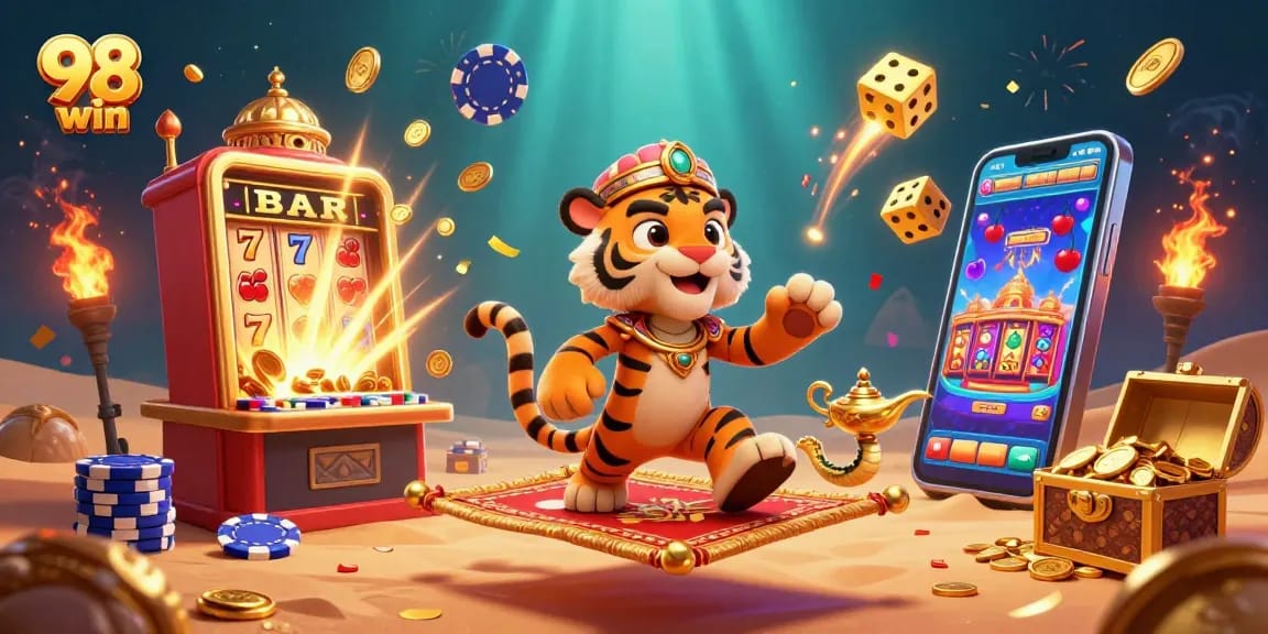 Experience big wins with 98 win's colorful casino game scene featuring dynamic characters and vibrant symbols.