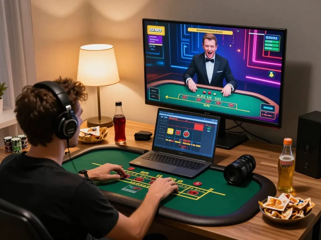 Player engaging in an exciting blackjack game on qh88go website in a cozy home setup