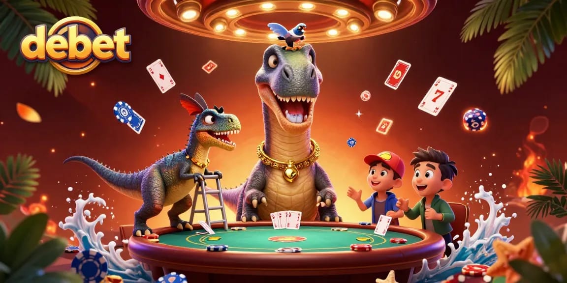 Experience an exhilarating poker scene with debet-themed characters interacting dynamically in a vibrant casino atmosphere.