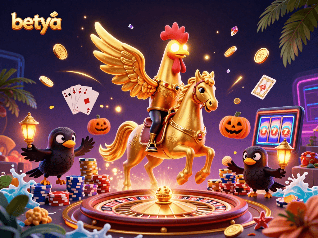 Experience thrilling casino action at betya with a golden rooster riding a spectral horse amidst sparkling gems and coins.