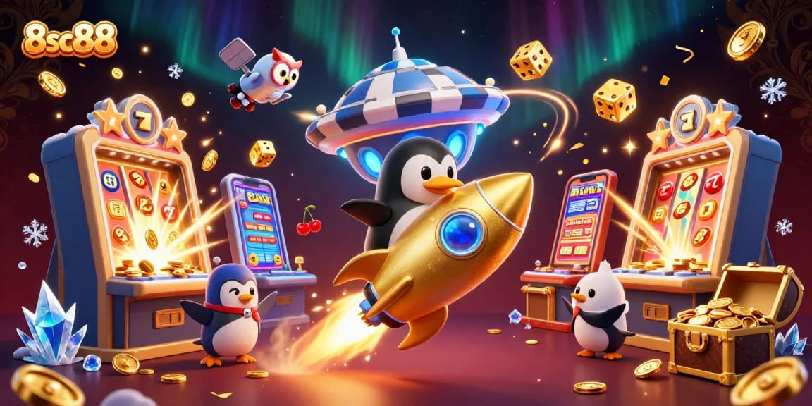 Experience the thrill of 8sc88 casino with a golden penguin navigating through a cosmic jackpot.