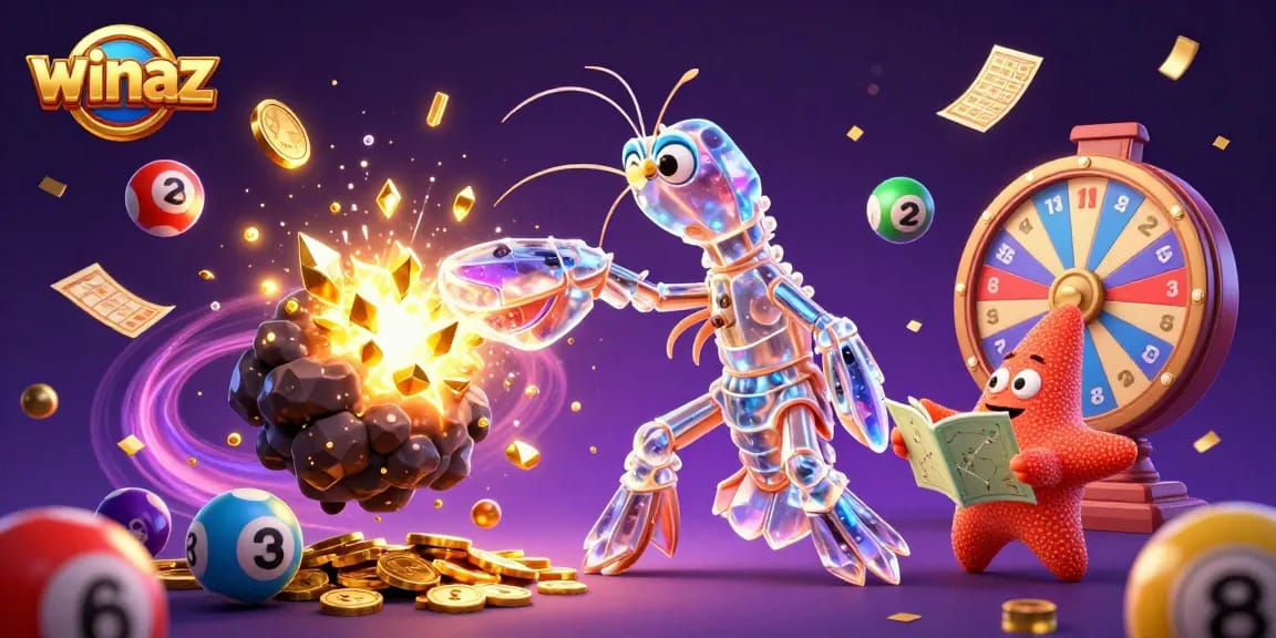 Become a winner at winaz with a dynamic scene of a galactic samurai mantis shrimp bursting through an asteroid, surrounded by vibrant casino elements.