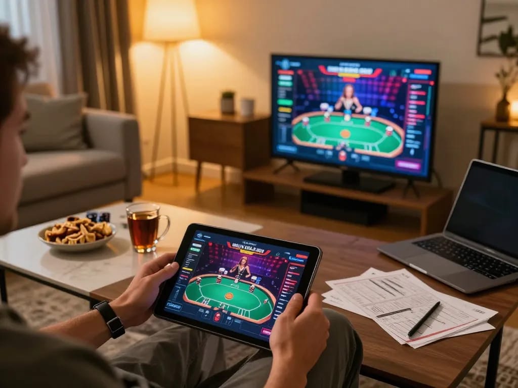 Player enjoying a dynamic online game of jun88 on a tablet with a cozy setup
