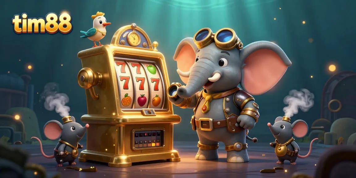 Spin the golden slot machine with tim 88's steampunk elephant engineer in this vibrant casino scene.