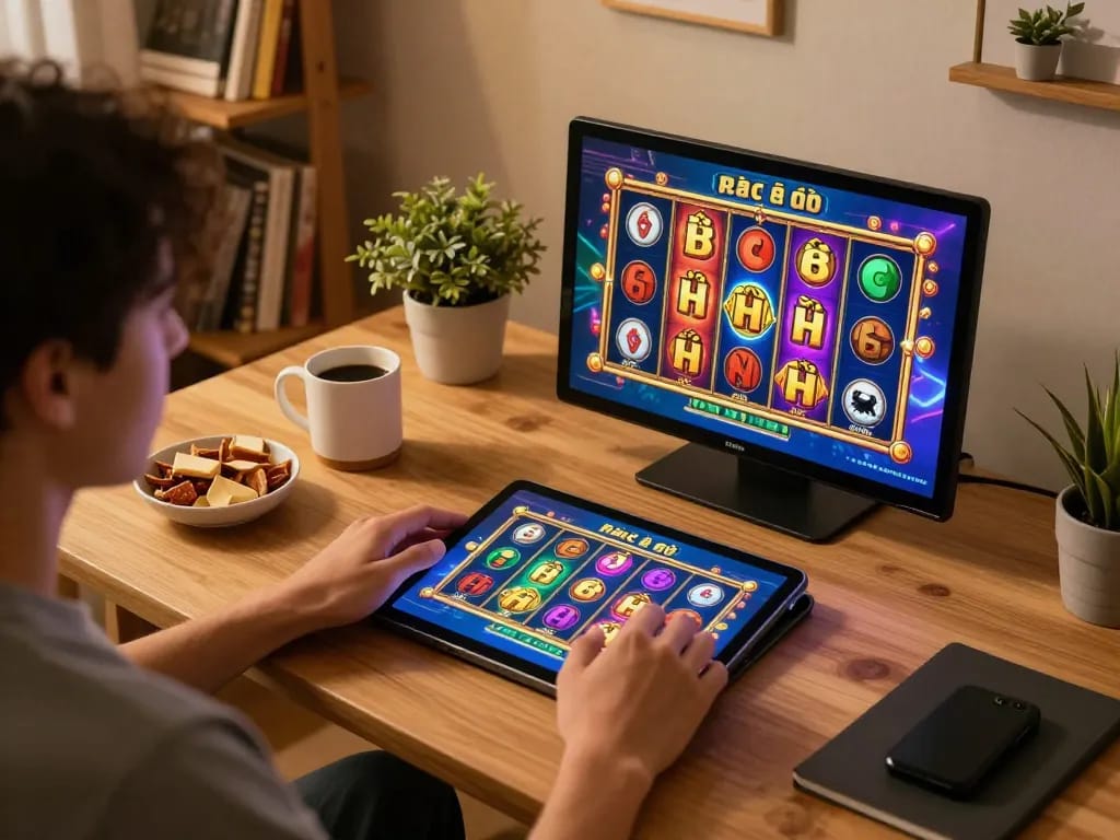 Engaging in a game bài nổ hũ on a tablet while enjoying a cozy home atmosphere