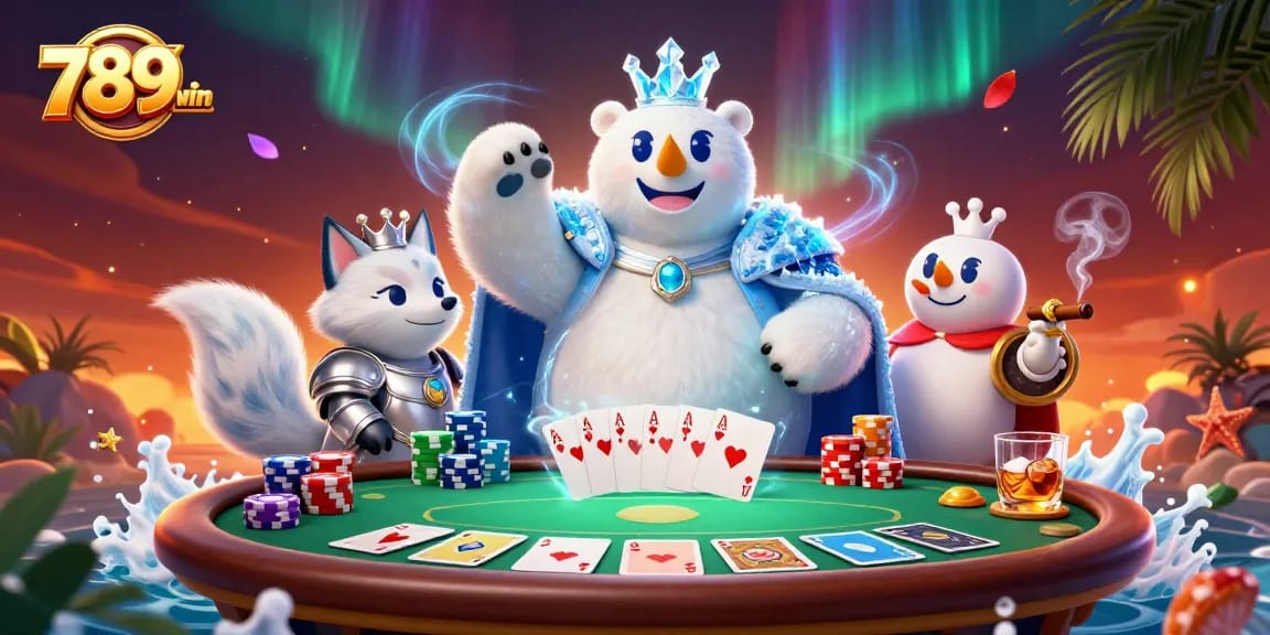 Experience the excitement of poker at 789win with a vibrant 3D cartoon scene showcasing a polar bear and snow fox.