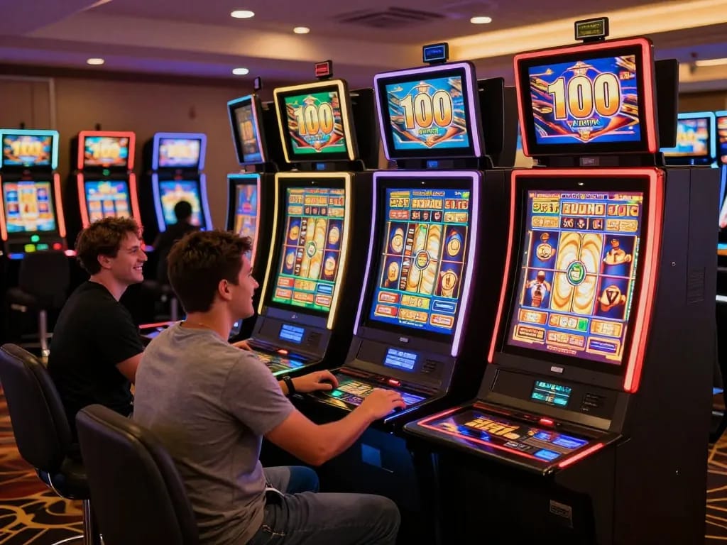 Players enjoying various slot machines, including many options for slot bet 100, creating an exciting casino atmosphere.