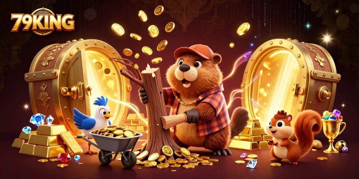 Engage with the vibrant world of 79KING as cartoon characters celebrate riches in a lively casino scene.