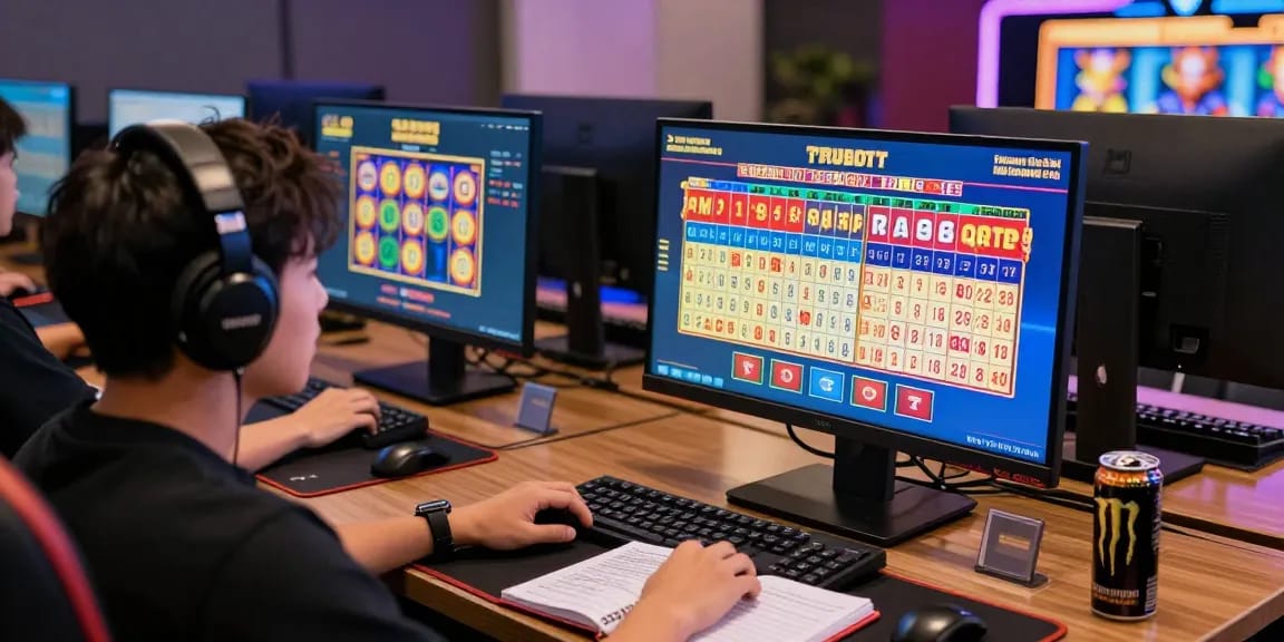 Engaging in Bandar Togel 4D Resmi Togel88 in a modern gaming setup with colorful lottery screens.