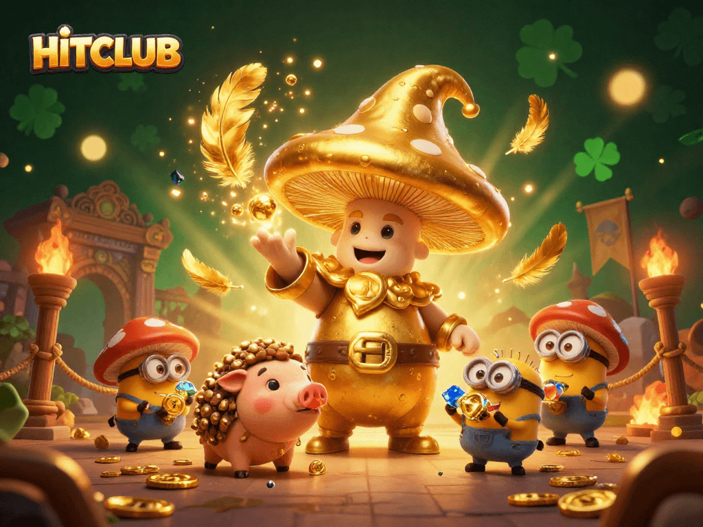 Experience HITCLUB with a golden mushroom wizard casting treasure spells amidst a dynamic gambling scene.