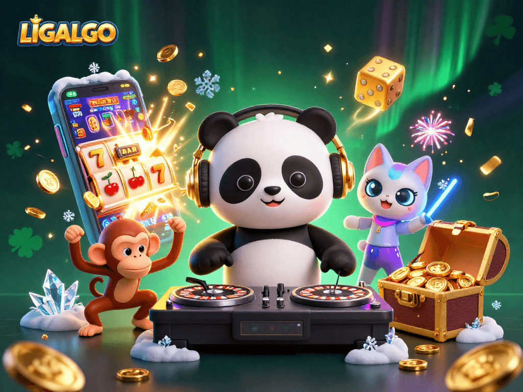 LIGALGO unleashes excitement as a DJ panda spins while a monkey dances and a kitten glows in a vibrant casino scene.
