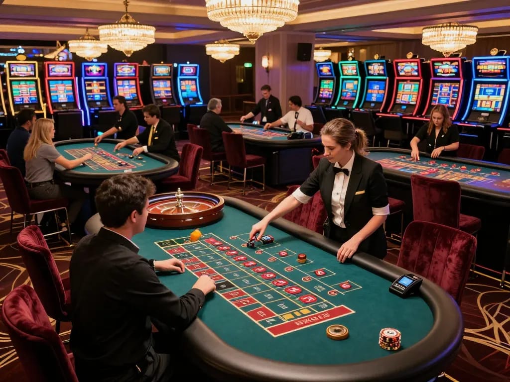 Players engaging at F8BET roulette tables, excitement in the air with bets placed and wheels spinning.