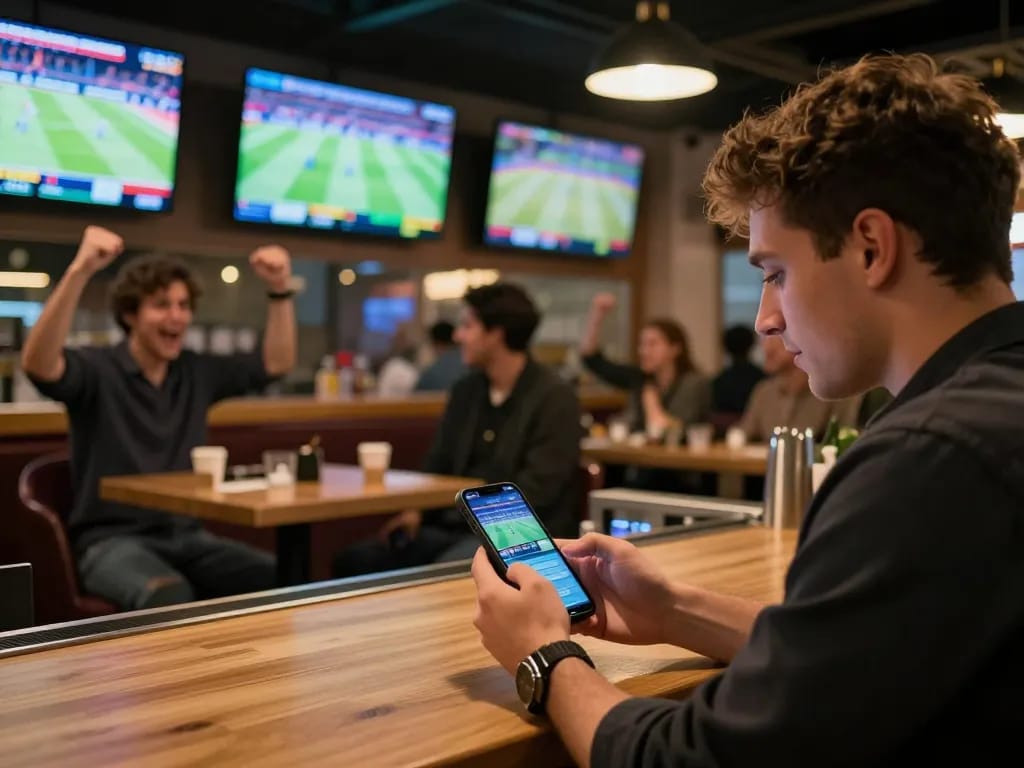 Interazione con bookmaker non AAMS su uno smartphone in un vivace bar sportivo.