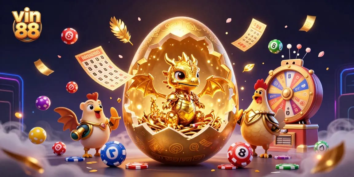 Experience the excitement of vin 88 with a dazzling scene of gaming elements and golden treasures.