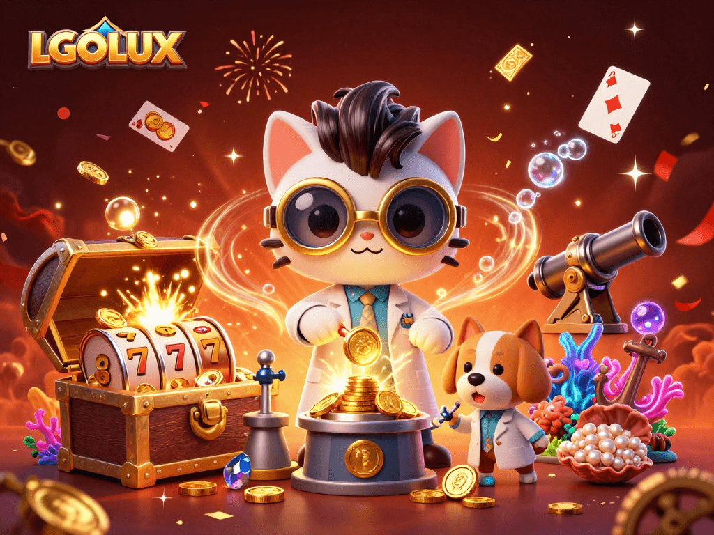 Win big with LGOLUX in an exciting 3D casino illustration featuring slot games and adventure.