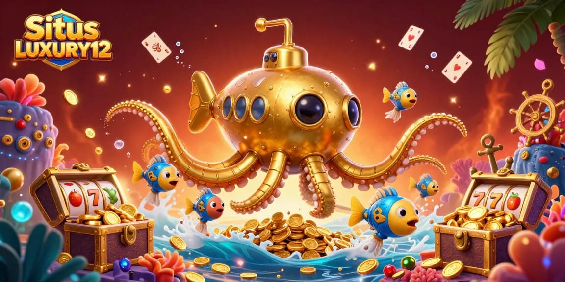 Situs LUXURY12 offers thrilling slot experiences with dynamic 3D scenes of golden kraken and slot reels.