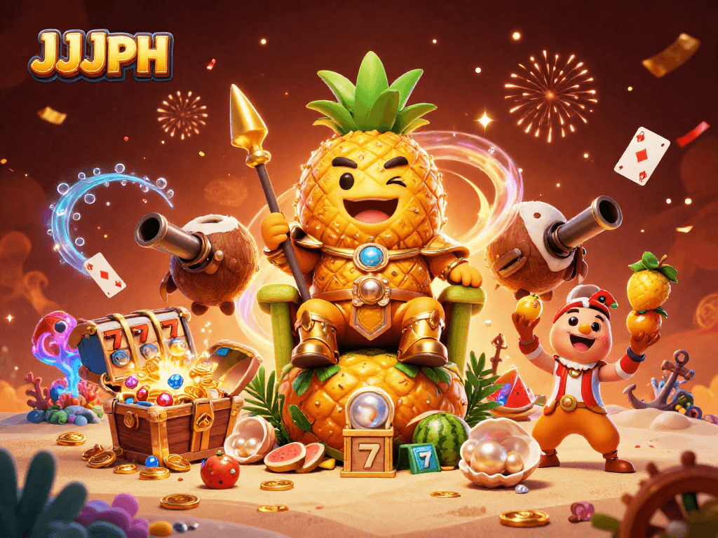 Experience the thrill of JJJPH with a vibrant casino scene featuring a pineapple king and treasures.