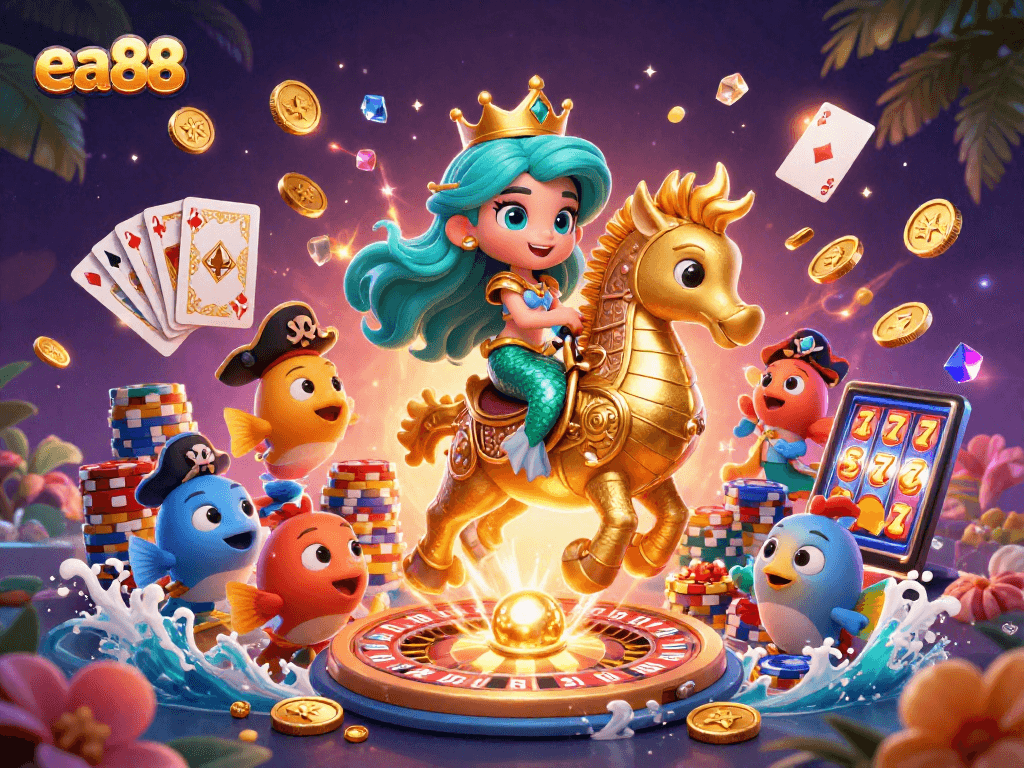 Experience excitement at ea88 with a vibrant casino-themed illustration featuring mermaids and gold!