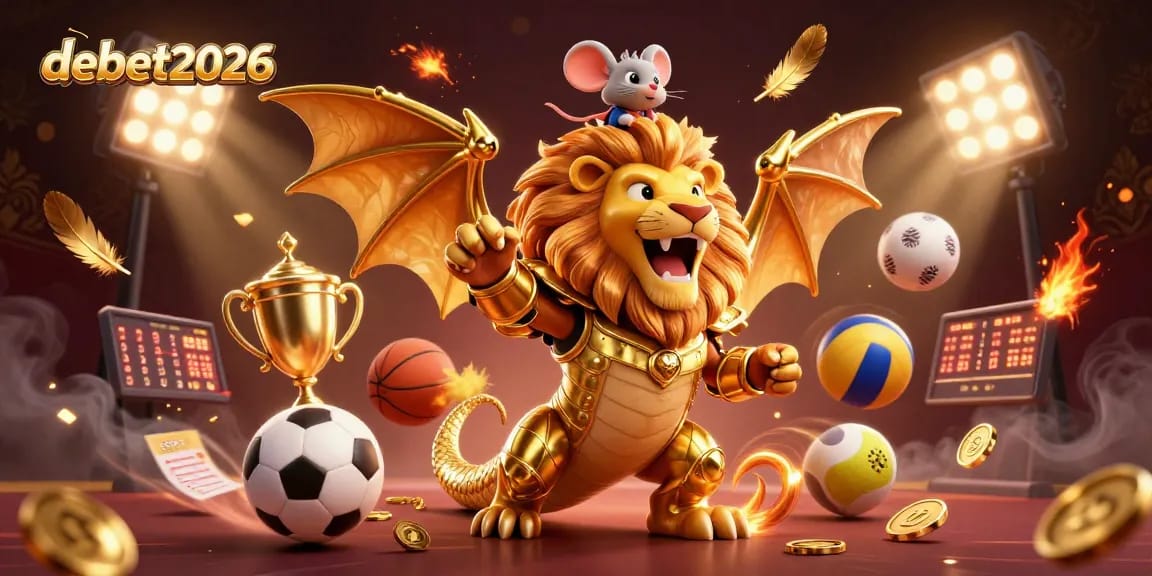 Join the excitement of debet2026 in this dynamic scene of a triumphant chimera, sports elements flying around.