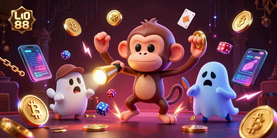 lu 88 showcases a playful poltergeist monkey juggling casino elements in a haunted scene