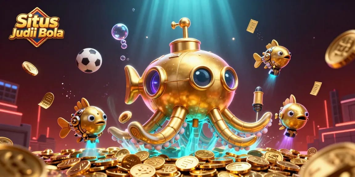 Engage in thrilling Situs Judi Bola action with a vibrant, dynamic betting illustration featuring mechanical fish and sports elements.