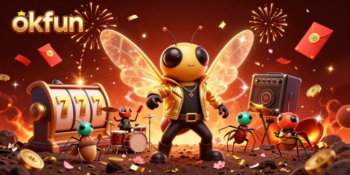 Experience the thrill of okfun as a rock star cicada bursts forth in a dynamic casino scene filled with vivid slot games and festive elements.