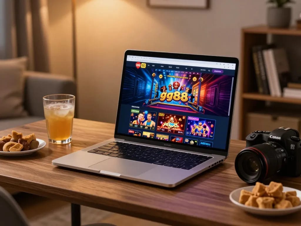 Engaging with link gg88 on a laptop showcasing various casino games in a cozy home setting.