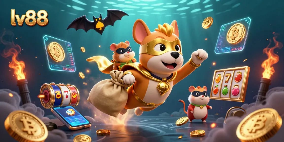 Experience thrilling gaming with lv88 as a superhero dog dodges fortunes amidst vibrant slot symbols.
