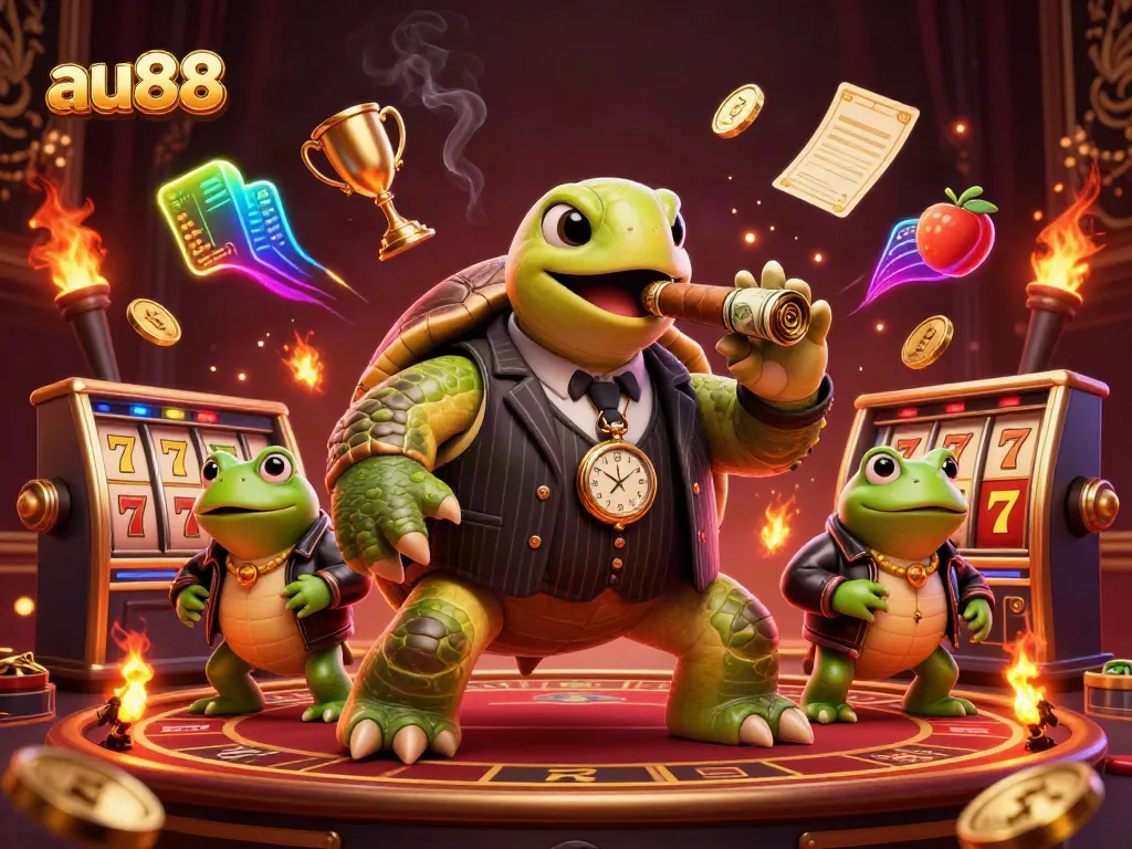 Experience thrilling gameplay at au88 with the massive snapping turtle mobster and vibrant casino symbols!