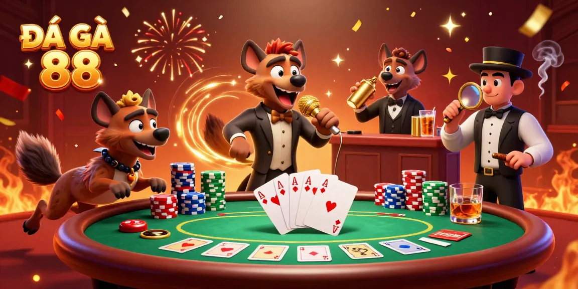 Experience the excitement of ĐÁ GÀ 88 with a lively comedy casino scene showcasing hyenas, poker gameplay, and fun festivities.