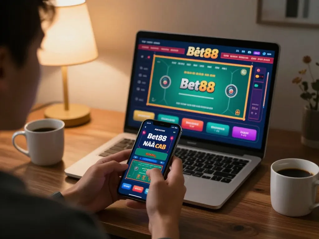 Gamers using Nhà cái Bet88's mobile app for online betting in a cozy environment.