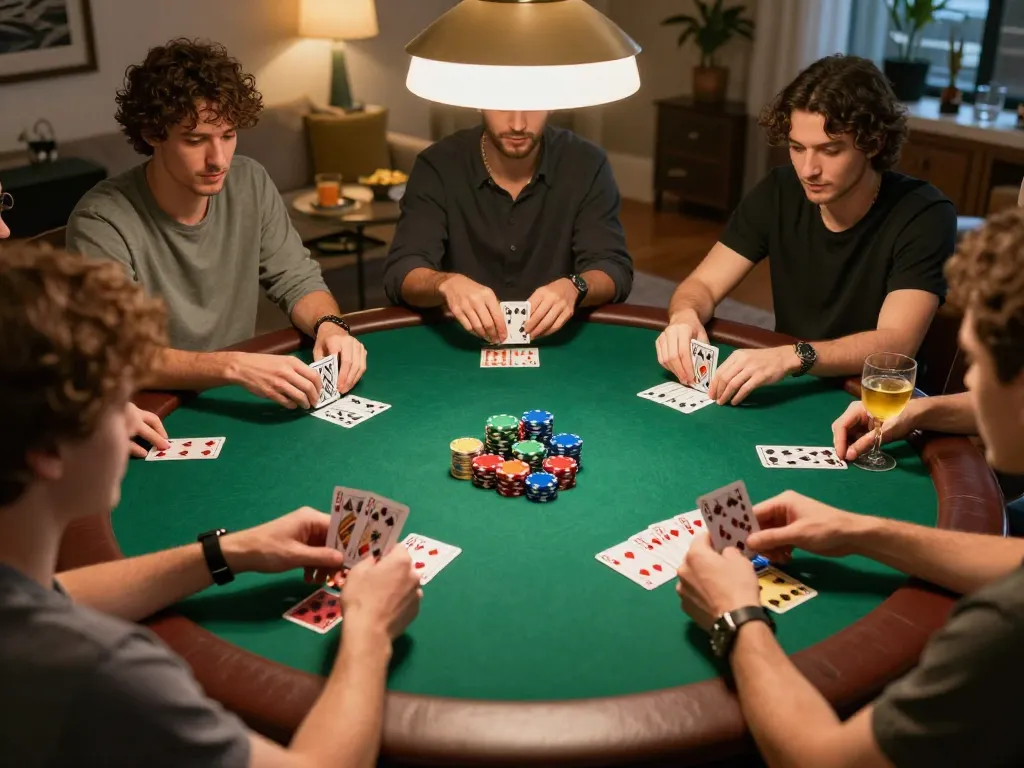 Engage in poker gameplay while exploring DAFTAR IDNSCORE with friends, showcasing vibrant cards and chips.