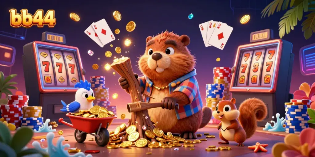 Win big with bb44's enchanting 3D casino scene featuring cheerful animals and golden treasures!