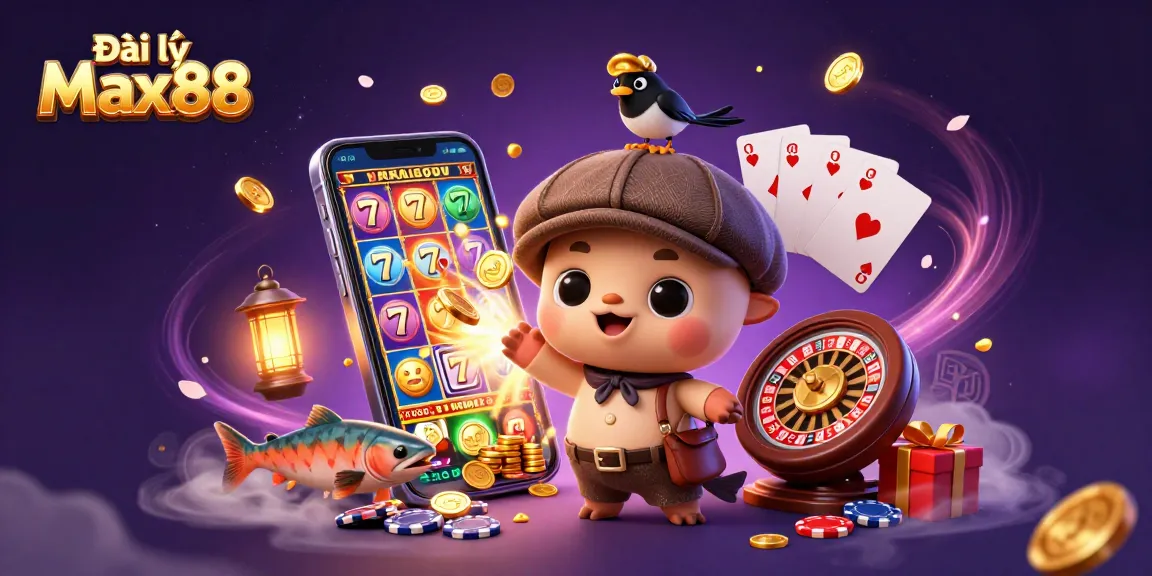 Spin to win with Đại lý Max88, featuring vibrant casino characters in a dynamic gambling scene