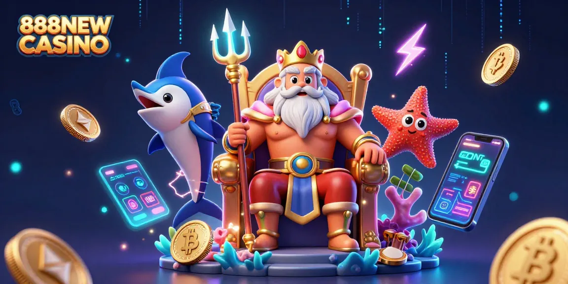 Engage in thrilling gameplay with 888NEW CASINO, featuring vibrant characters and glowing crypto elements.